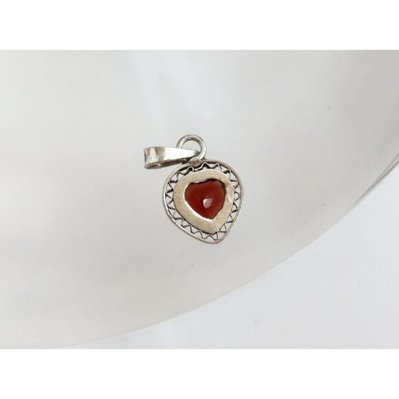 Garnet Accented Heart Shaped Wavy 925 Sterling Silver Vintage Pendant | Charm - Picture 4 of 12